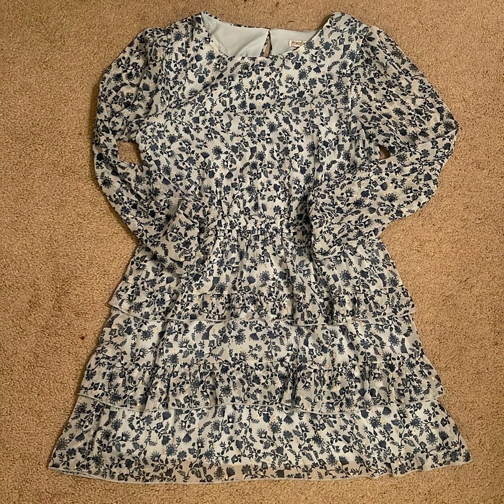 Floral print ruffled dress- navy, light blue, and gold accents